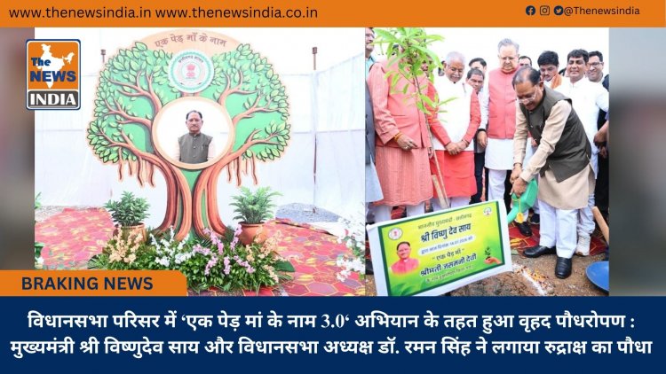 विधानसभा परिसर में ‘एक पेड़ मां के नाम 3.0‘ अभियान के तहत हुआ वृहद पौधरोपण : मुख्यमंत्री श्री विष्णुदेव साय और विधानसभा अध्यक्ष डॉ. रमन सिंह ने लगाया रुद्राक्ष का पौधा