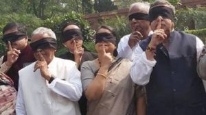  दिल्ली हिंसा : संसद परिसर में आँखों में काली पट्टी बांधकर सांसदों ने किया प्रदर्शन 