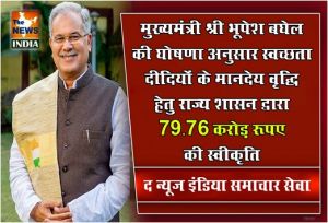  मुख्यमंत्री श्री भूपेश बघेल की घोषणा अनुसार स्वच्छता दीदियों के मानदेय वृद्धि हेतु राज्य शासन द्वारा 79.76 करोड़ रूपए की स्वीकृति 